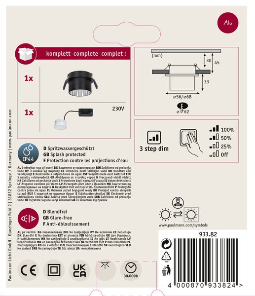 Produktverpackung eines Paulmann Einbaustrahlers mit technischen Daten, Einbaumaßen, IP44 Spritzwasserschutz, Blendfreiheit und 3 Stufen Dimmfunktion