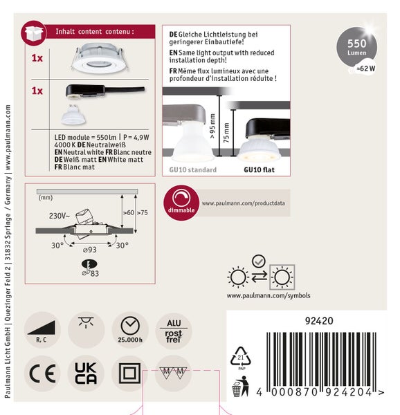 Produktverpackung eines Paulmann LED Einbaustrahlers mit technischen Spezifikationen und Montagehinweisen.
