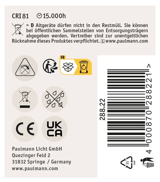 Technische Informationen und Entsorgungshinweise für Paulmann Licht Leuchtmittel mit Strichcode und CE Kennzeichnung.