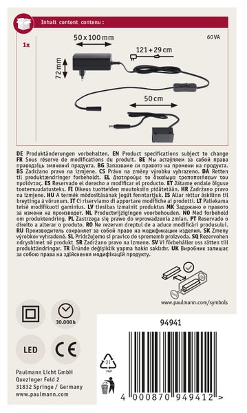 Technische Zeichnung eines elektronischen Trafos mit Maßangaben und Herstellerinformationen von Paulmann Licht.