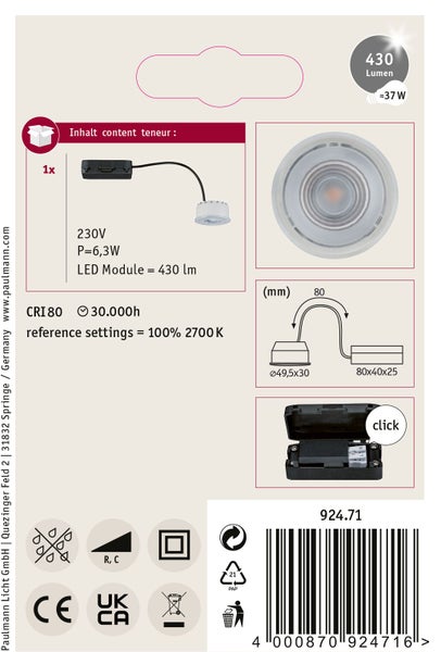 Paulmann LED Einbaustrahler mit 6,3 Watt, 430 Lumen und 2700 Kelvin, inklusive Anschlussbox mit Klickverschluss, Maße 49,5 mal 30 Millimeter.