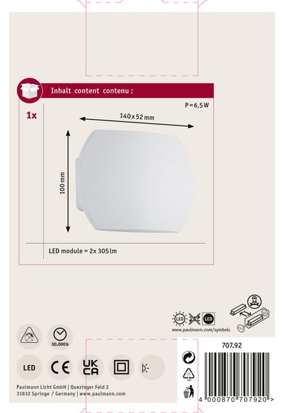 Paulmann LED Wandleuchte mit 6,5 Watt, Maße 140 mal 100 mal 52 Millimeter, inklusive technischer Spezifikationen und Zertifizierungssymbolen.