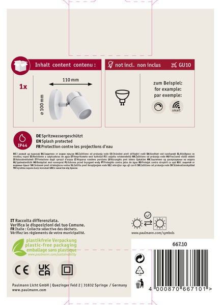 Produktverpackung einer Paulmann Wandleuchte mit technischen Details, IP44 Spritzwasserschutz, GU10 Fassung, ohne Leuchtmittel, plastikfrei.
