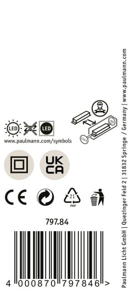 Technische Informationen und Produktsymbole von Paulmann Licht für Leuchten mit austauschbaren LED Komponenten und Barcode zur Produktkennung