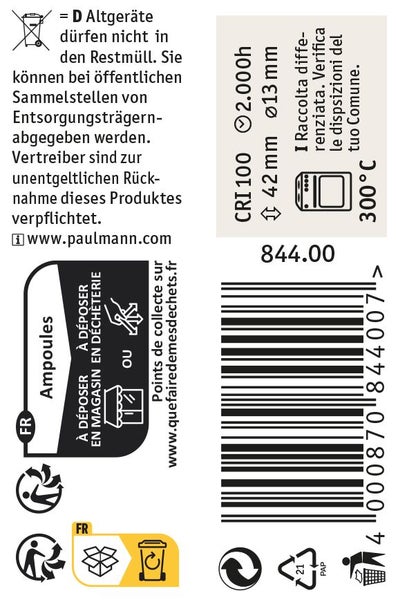 Produktetikett mit Entsorgungshinweisen, technischen Daten zur Lampe, EAN Strichcode und Recycling Symbolen fuer Paulmann Leuchtmittel.