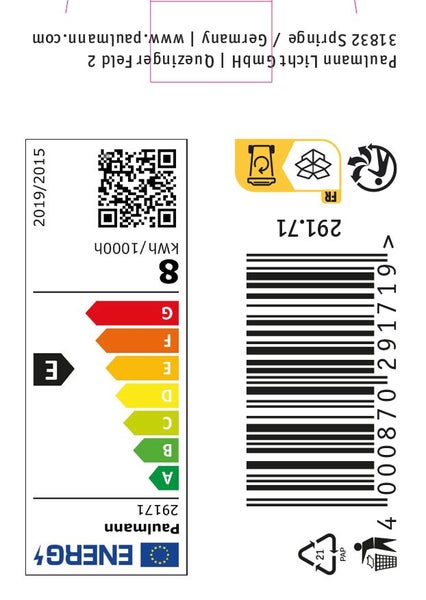 Paulmann Licht Energieeffizienzlabel Klasse E mit QR Code und Strichcode.