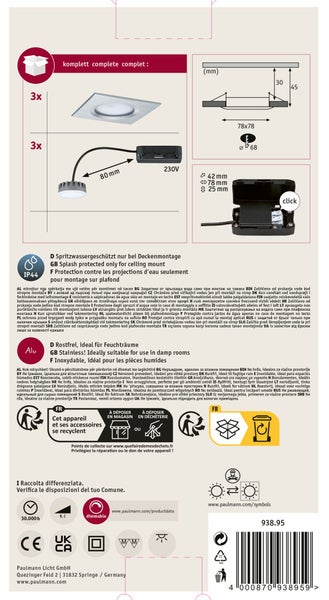 Technisches Datenblatt für Paulmann Einbaustrahler mit Montageanleitung Maßen IP44 Spritzwasserschutz und Informationen zur Entsorgung