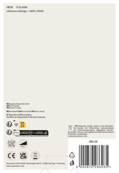 Produktverpackung eines Paulmann LED Einbaustrahlers mit technischen Spezifikationen, Dimmfunktion, Abmessungen und Recyclinghinweisen.