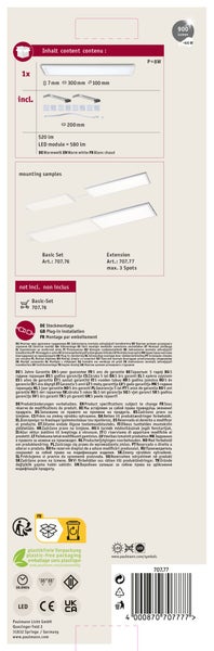 Paulmann LED Aufbauleuchte mit Montagezubehör, 8 Watt und 900 Lumen, warmweißes Licht, Abmessungen 300 mal 100 mal 7 Millimeter.