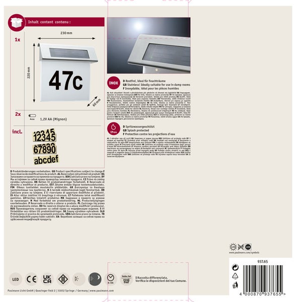 Technische Zeichnung und Produktdetails einer Edelstahl Solar Wandleuchte mit Schutzart IP44 für den Außenbereich.