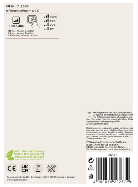 Produktinformationsblatt für Paulmann Leuchtmittel mit drei Dimmstufen Memory Funktion und Hinweisen zur Entsorgung und plastikfreien Verpackung.