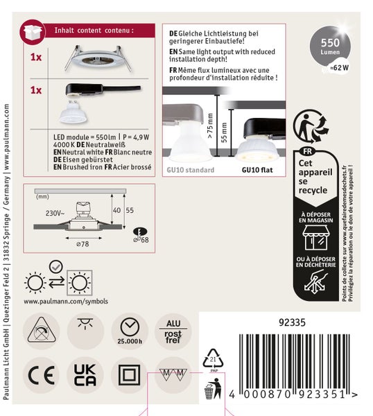 Paulmann LED-Einbaustrahler Nova GU10 flach, 4,9 Watt, 550 Lumen, IP44, neutralweiß, Eisen gebürstet, mit Verpackung und Montagekomponenten.