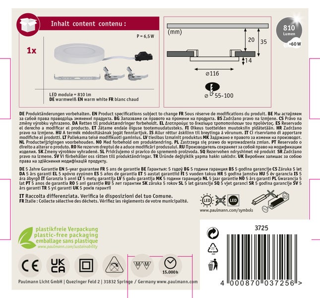 Paulmann LED Deckenleuchte mit 18,5 Watt 1500 Lumen Quick Connector und Montageanleitung auf Produktverpackung