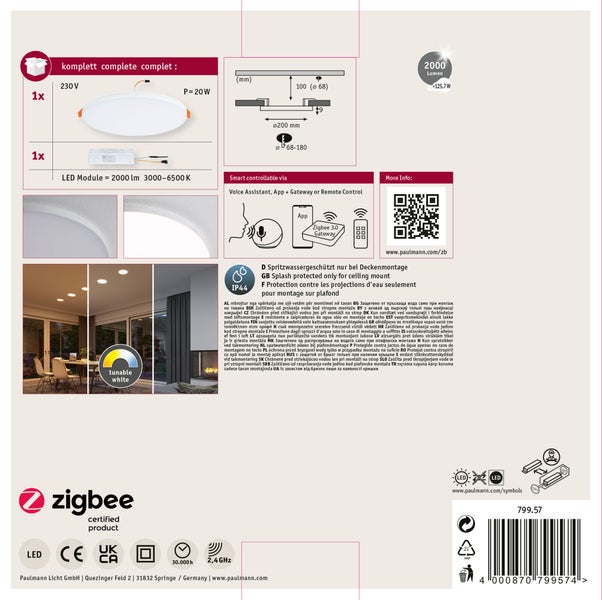 VariFit LED Einbaupanel Smart Home Zigbee 3.0 Veluna Edge IP44 rund 200 mm 18W 1400lm Tunable White Weiß dimmbar