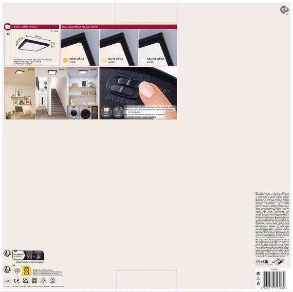 Quadratische LED-Deckenleuchte mit den Maßen 293 x 293 x 28 Millimeter und 5 Jahren Garantie