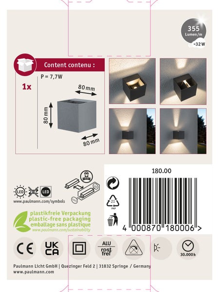 Paulmann LED Wandleuchte quadratisch aus rostfreiem Aluminium mit Lichtaustritt nach oben und unten zur Außenbeleuchtung