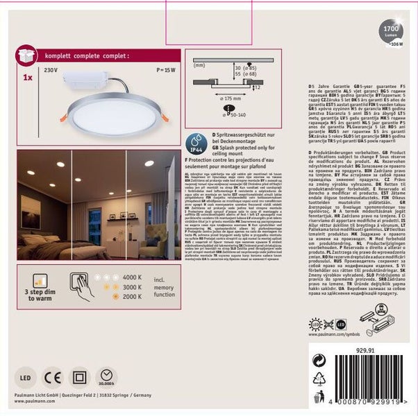 LED Einbauleuchte rund mit 3 stufiger Dimmfunktion und Memory Funktion sowie IP44 Schutzart für Deckenmontage inklusive technischer Details