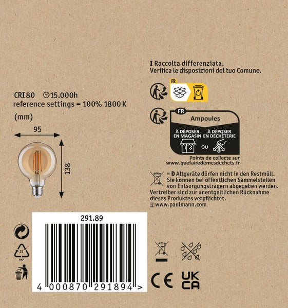 Produktverpackung mit technischen Daten einer LED Filament Lampe, Abmessungen, Strichcode und Entsorgungshinweisen.