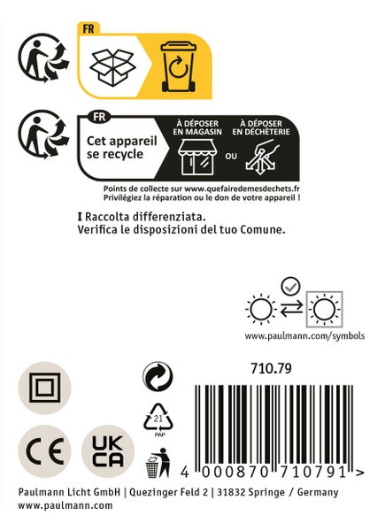 Produktetikett mit Entsorgungshinweisen, Recycling-Symbolen, CE-Kennzeichnung und Barcode von Paulmann Licht.