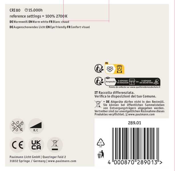 Produktverpackung mit technischen Daten zu Farbtemperatur, Lebensdauer, Dimmbarkeit, CE Kennzeichnung und Entsorgungshinweisen für Leuchtmittel.