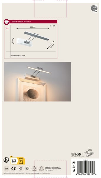 Paulmann LED Bildleuchte mit Wandmontage inklusiver Bemaßung und Anwendungsbeispiel zur Beleuchtung von Wandbildern.