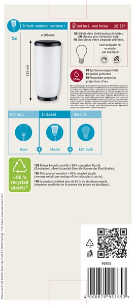 Produktinformation zur zylindrischen Außenleuchte mit Maßen 235 Millimeter mal 105 Millimeter, IP44 Schutzart und E27 Fassung ohne Leuchtmittel.