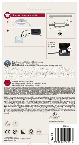 Technische Zeichnung und Produktinformationen für ein Set aus drei Einbaustrahlern inklusive Maßen, IP23 Spritzwasserschutz und Garantieangaben.
