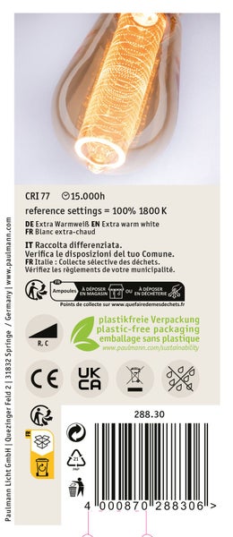 Paulmann LED Leuchtmittel mit dekorativem Glühfaden und extra warmweißer Lichtfarbe als Detailaufnahme der Produktverpackung