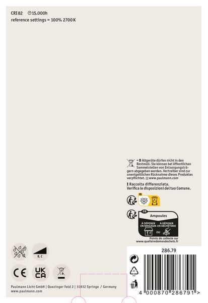 Technische Informationen und Entsorgungshinweise zur Paulmann LED Lampe auf der Produktverpackung