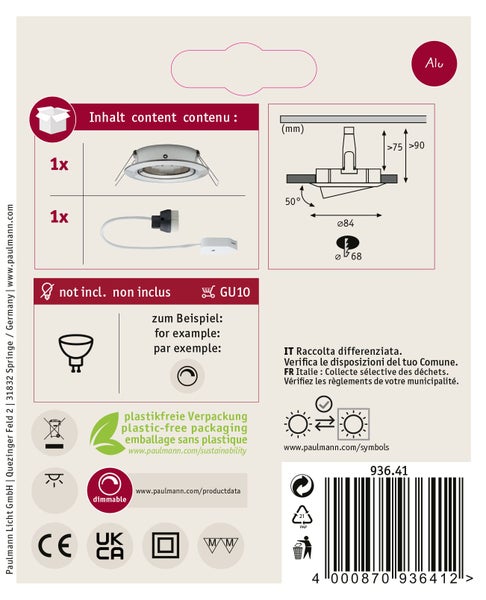 Produktverpackung Rückseite eines Paulmann Einbaustrahlers mit technischen Zeichnungen, Einbaumaßen und Installationshinweisen.