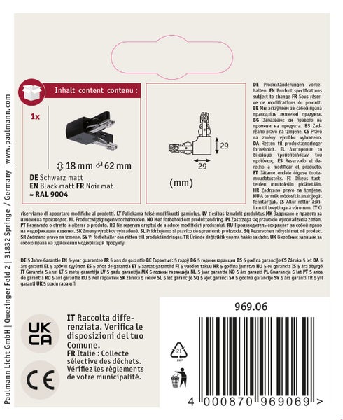 Produktverpackung mit technischen Angaben und Maßzeichnung für ein schwarzes mattes Bauteil inklusive fünfjähriger Garantie.