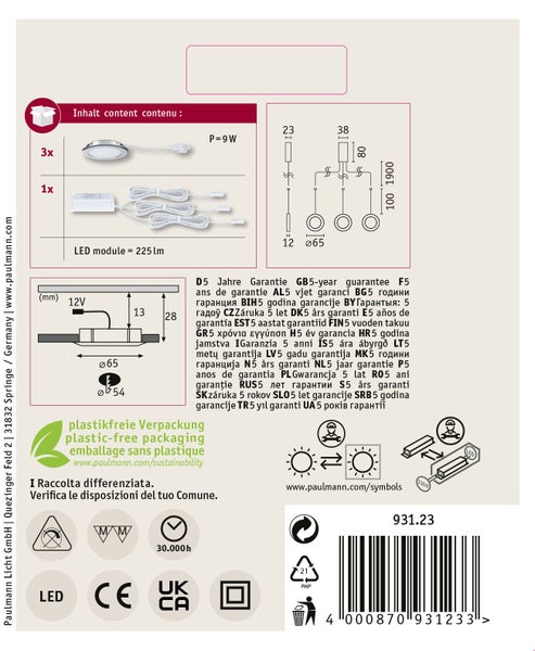 Technische Zeichnung der Paulmann LED Einbauleuchten Set mit Montageanleitung und Produktinformationen auf der Verpackungsrückseite.