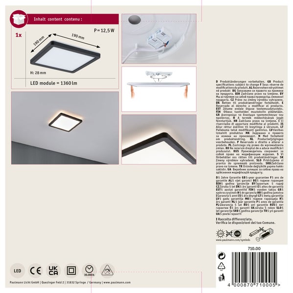 Quadratische LED Deckenleuchte mit 12,5 Watt und 1360 Lumen, inklusive Montageanleitung und technischer Daten.