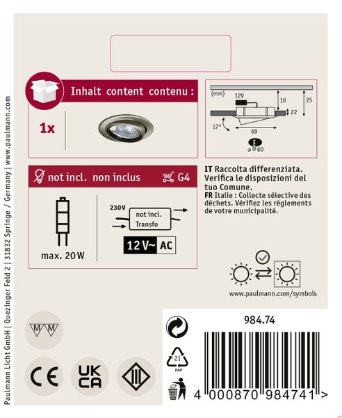 Einbauleuchte mit technischen Details, Maßangaben und Montageschema, ohne Leuchtmittel, für G4 Leuchtmittel bis 20 Watt geeignet.