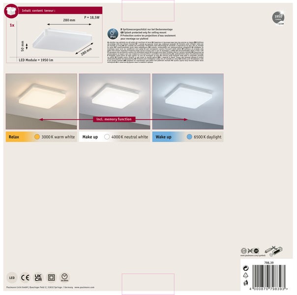 LED Panel Cela IP44 eckig 280x280 mm 15,5W 1650lm White Switch Weiß matt