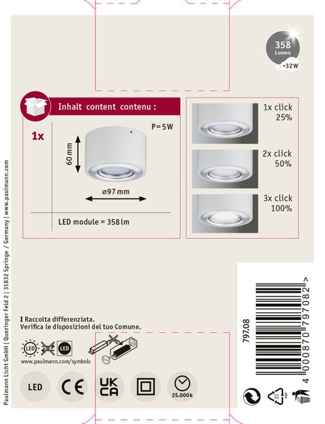 LED Deckenleuchte 3-Step-Dim Argun 3000K 280lm 230V 4,8W dimmbar Weiß, Alu gebürstet