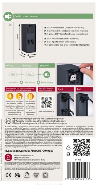 Produktverpackung einer Paulmann LED Leuchte mit Informationen zu Lieferumfang, Maßen, Garantie und Kunststofffreier Verpackung.