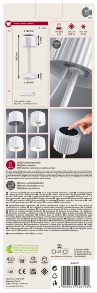 Tischleuchte für den Innen- und Außenbereich mit Lichtsensor und Spritzwasserschutz