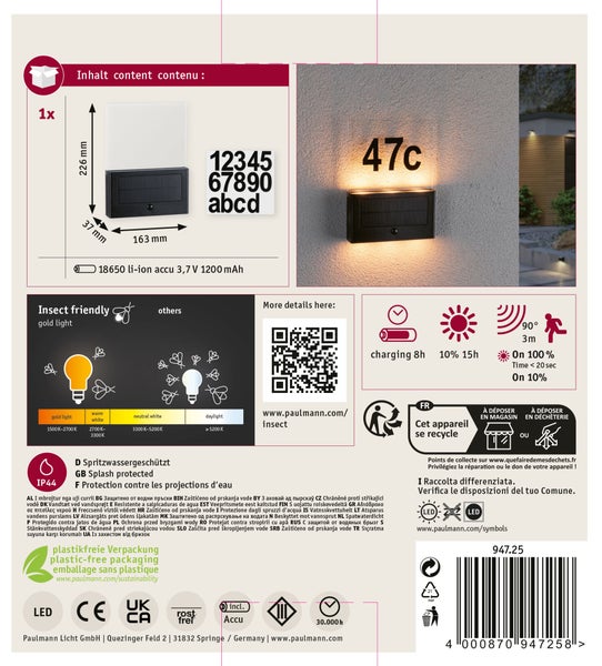 Technisches Datenblatt für Paulmann Einbauleuchte, IP23 Spritzwasserschutz, rostfreies Material, 5 Jahre Garantie, dimmbar, 30.000 Stunden Lebensdauer