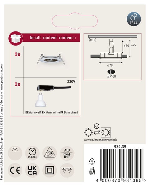 Paulmann LED Einbaustrahler Set mit Leuchtmittel 230 Volt Schutzart IP44 fuer Feuchtraum geeignet inklusive technischer Zeichnung und Symbolen