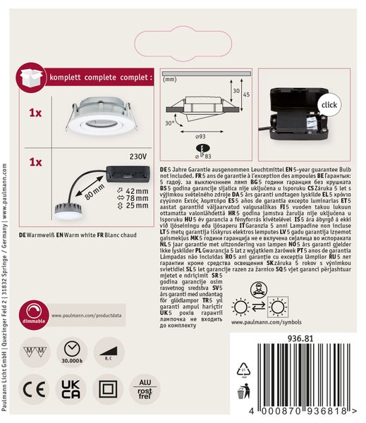 LED Einbauleuchte Nova Plus Coin Einzelleuchte schwenkbar IP65 rund 93 mm 30° Coin 6W 470lm 230V dimmbar 2700K Weiß matt