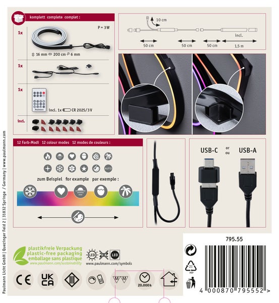 LED-Streifen, 500 Zentimeter lang, 8 Millimeter breit, 2 Millimeter hoch, alle 100 Millimeter kürzbar, mit 5 Jahren Garantie.
