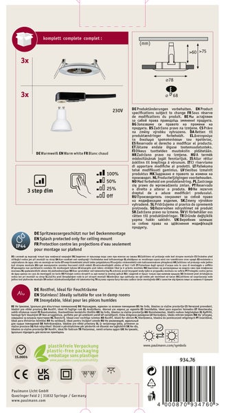 Technische Produktinformationen und Installationshinweise für eine Paulmann Deckenleuchte inklusive Angaben zu Maßen, Dimmstufen und IP44 Schutz.