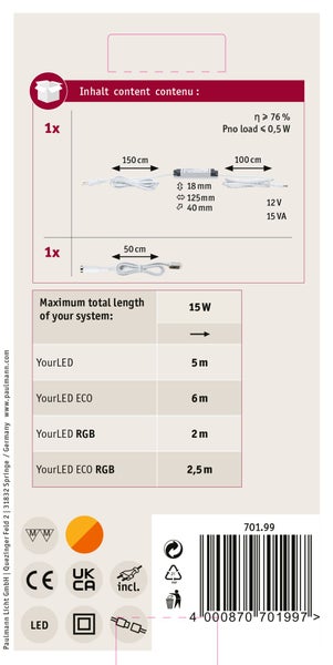 Paulmann YourLED Netzteil maximal 15 Watt 12 Volt Gleichstrom mit Zuleitung und Stecker neben der Verpackung mit Paulmann Logo und 5 Jahre Garantie.