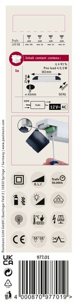 Technische Informationen und Installationsanleitung für Paulmann elektronischen Transformator 105 VA mit Produktabmessungen und Sicherheitssymbolen.