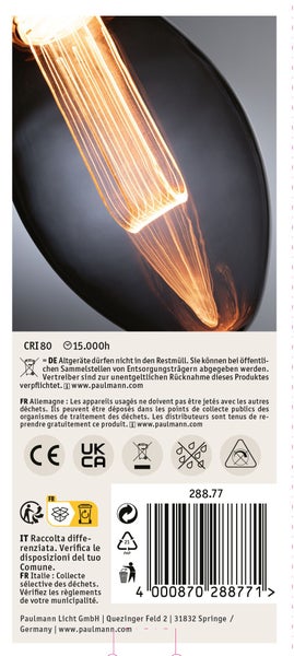 Paulmann LED Lampe im Vintage Design mit sichtbarem Glühfaden und Informationen zur Entsorgung und Produktzertifizierung.