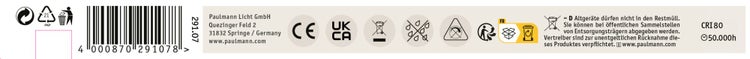 Produktinformationen von Paulmann Licht mit Barcode, Entsorgungssymbolen, CE und UKCA Kennzeichnung sowie Hinweisen zu Lebensdauer und Farbwiedergabe