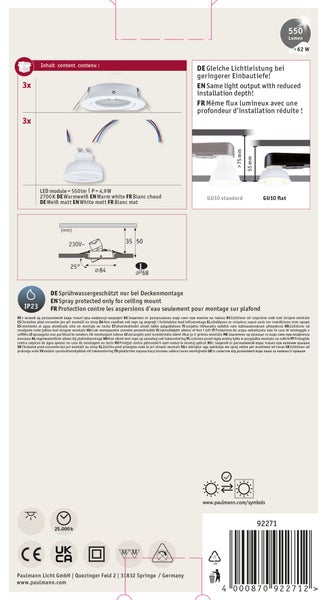 Paulmann LED Einbauleuchten Set mit 3 Spots, warmweißes Licht, 550 Lumen, IP23 spritzwassergeschützt für Deckenmontage mit geringer Einbautiefe.