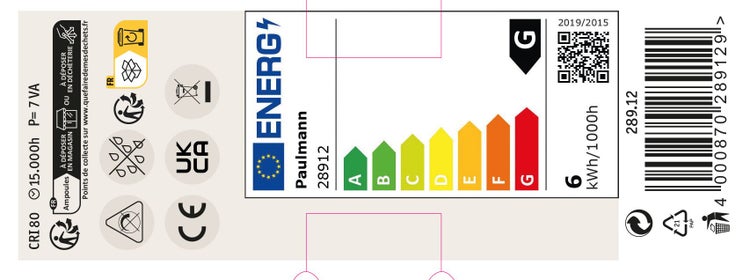 Energieeffizienzlabel G für Paulmann LED Leuchtmittel 28912 mit 6 kWh pro 1000 Stunden Verbrauch und technischen Symbolen.