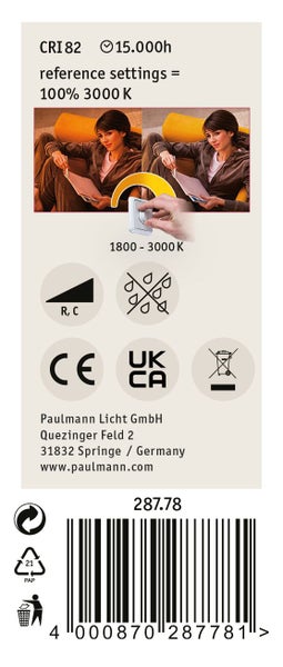 Produktverpackung mit technischen Daten zur dimmbaren LED Lampe, Farbtemperatur 1800 bis 3000 Kelvin, CRI 82, 15000 Stunden Lebensdauer.